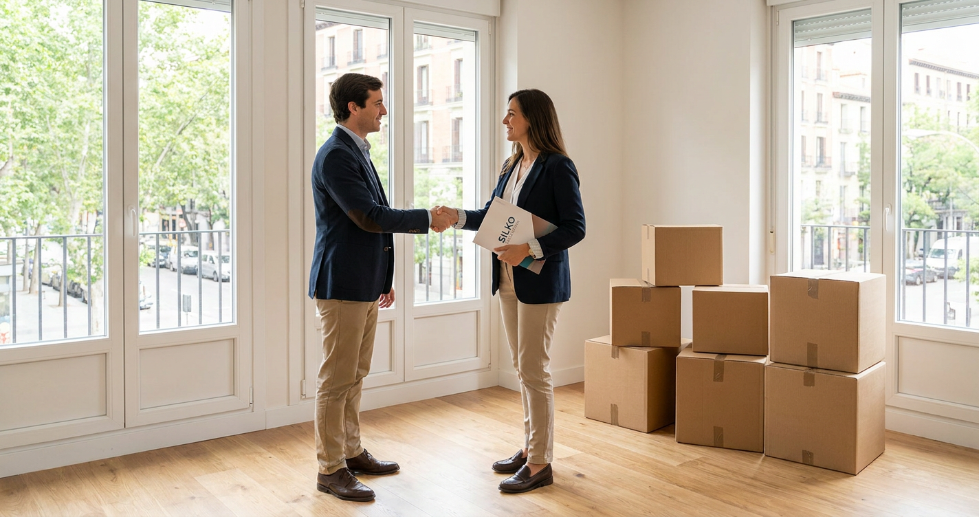 A Silko Consulting representative is shaking hands warmly with an international professional in an empty, tidy apartment in Madrid, signifying a successful and smooth departure process. Moving boxes are neatly packed, ready for transport, and the overall mood is positive and professional.