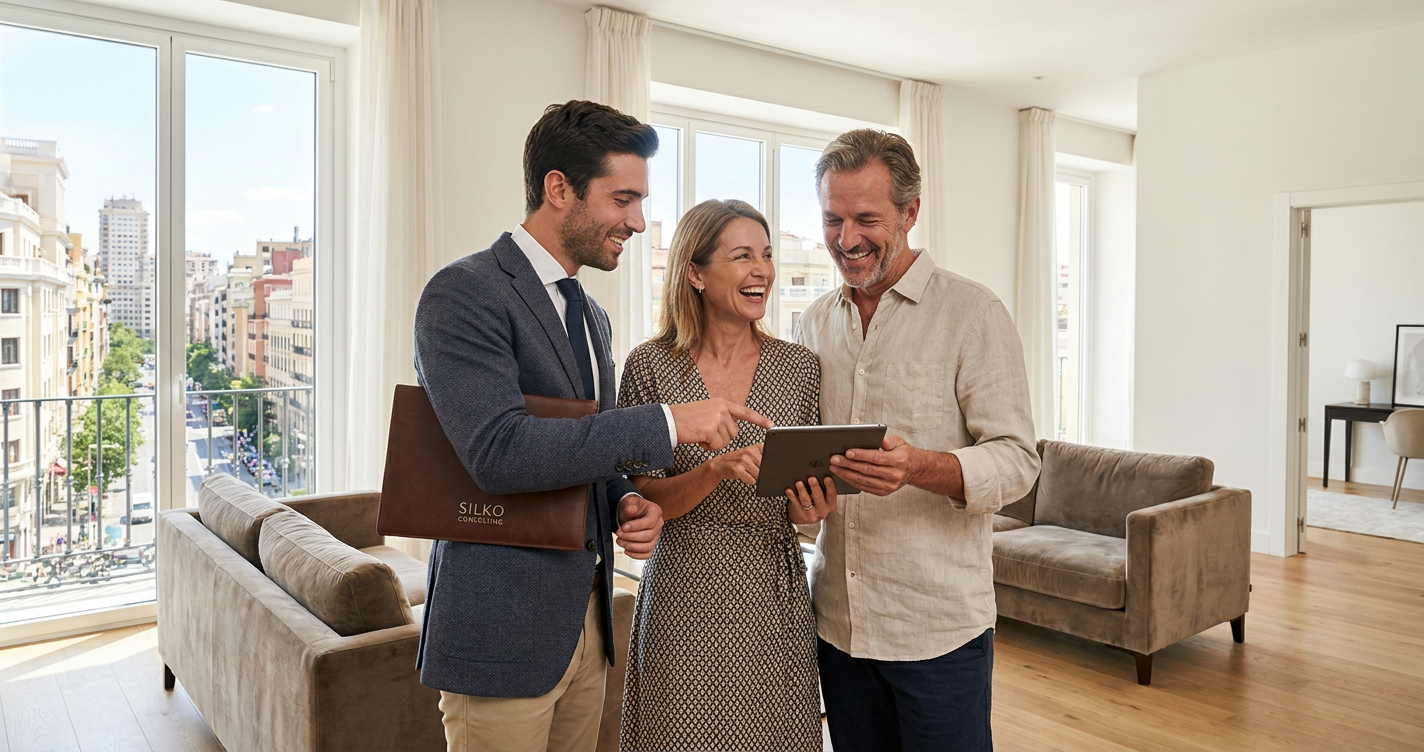 A professional, well-dressed Silko Consulting agent points to a specific listing on a tablet, explaining details to a smiling international couple standing in a modern, bright apartment in a desirable Madrid neighborhood, with city views through the window.