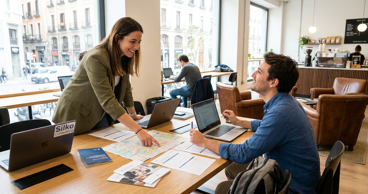 A friendly Silko Consulting agent is assisting a newly arrived international professional with various documents and providing local information. They are sitting in a comfortable, modern co-working space in Madrid, and the professional looks relieved and supported.