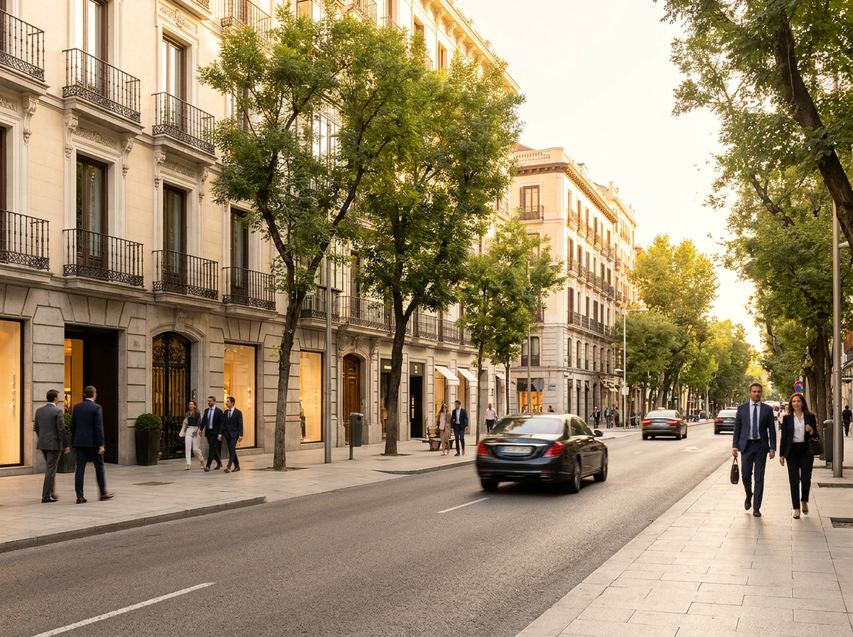 Una calle elegante en un barrio exclusivo de Madrid al atardecer.