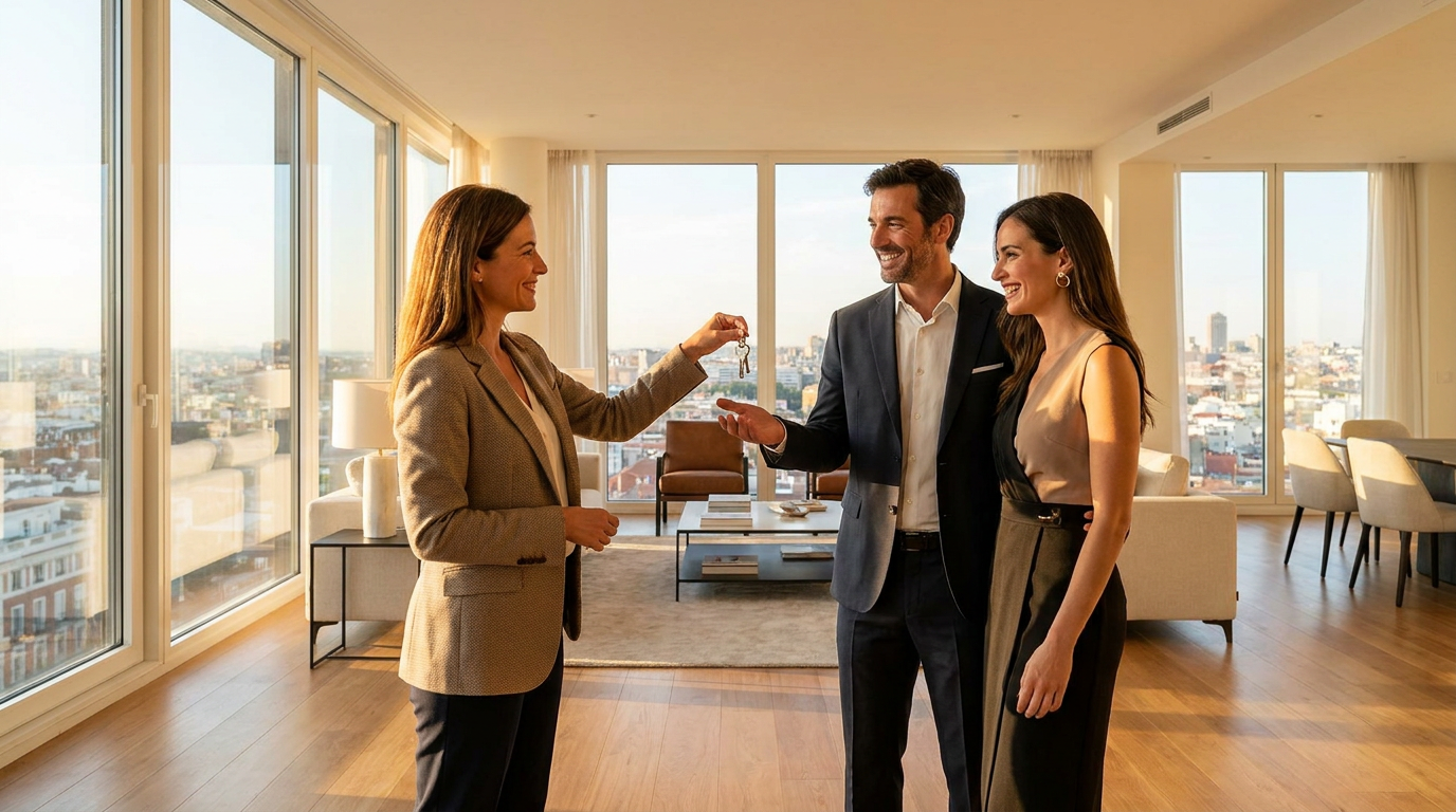 Una pareja de ejecutivos recibe las llaves de su nuevo piso en Madrid gracias a un servicio de home search profesional.