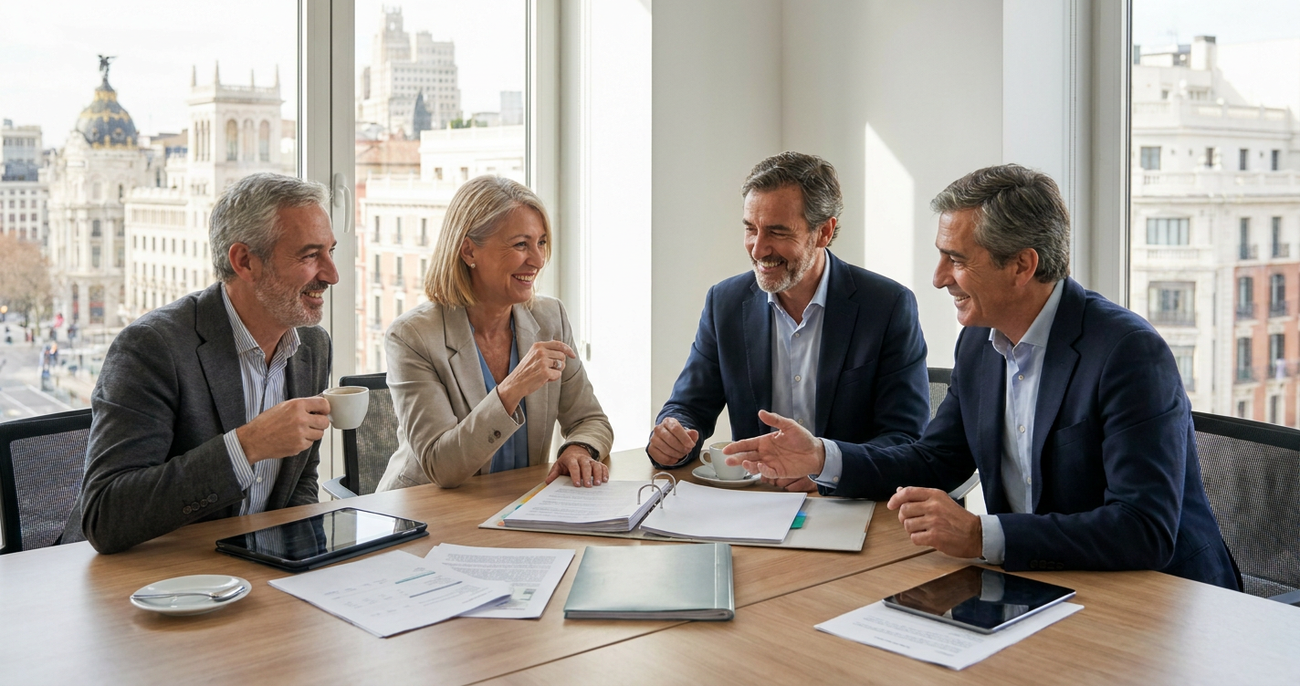 A diverse team of professional Silko Consulting staff members (20+ years of experience) in a modern, collaborative office setting in Madrid, reviewing complex case files and smiling as they discuss strategies, showcasing their expertise and dedication to client success.