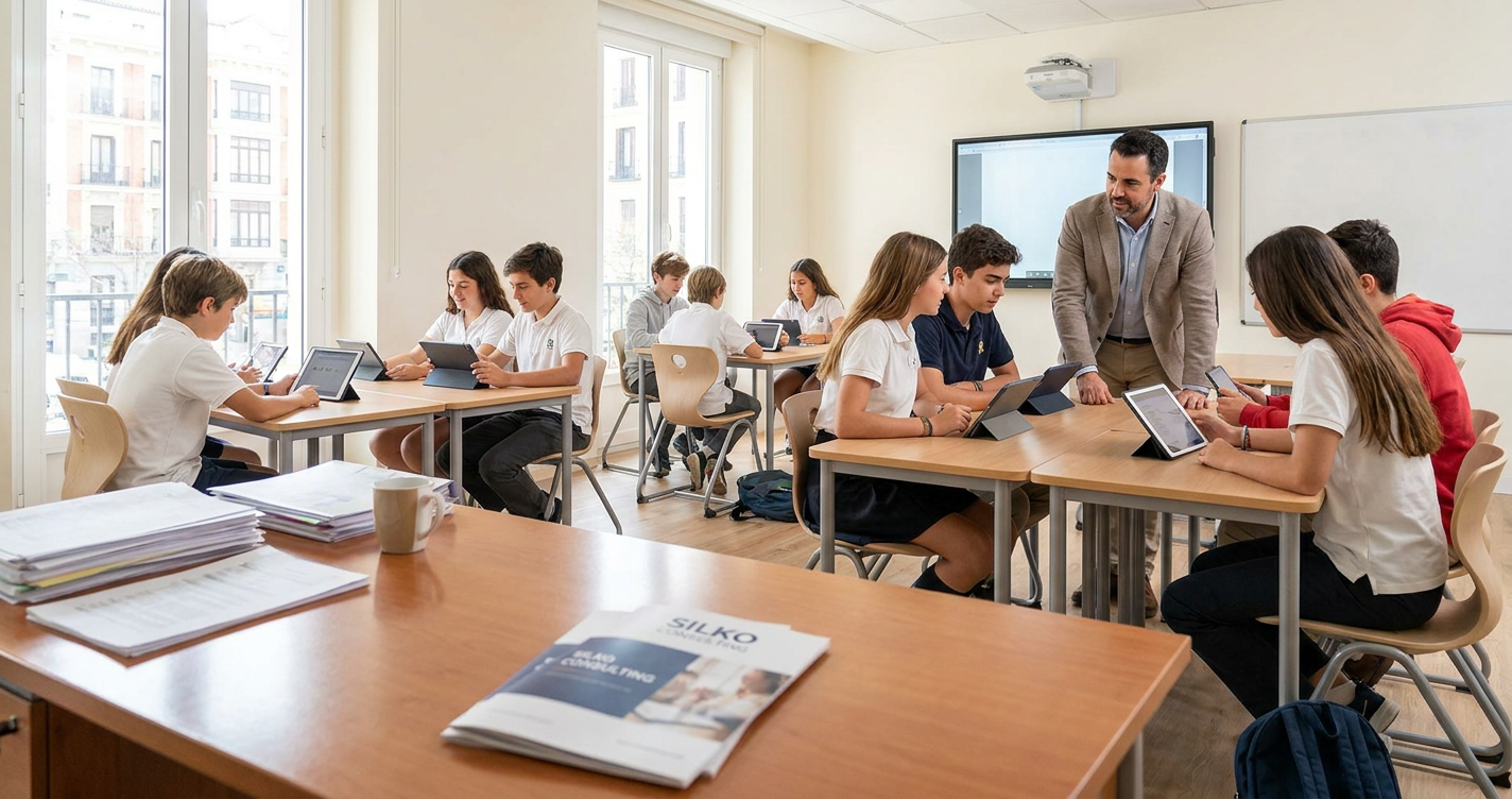 A brightly lit, modern classroom in an international school in Madrid, with diverse children engaged in an interactive learning activity. A Silko Consulting brochure is subtly placed on a teacher's desk in the foreground, suggesting a successful enrollment process.