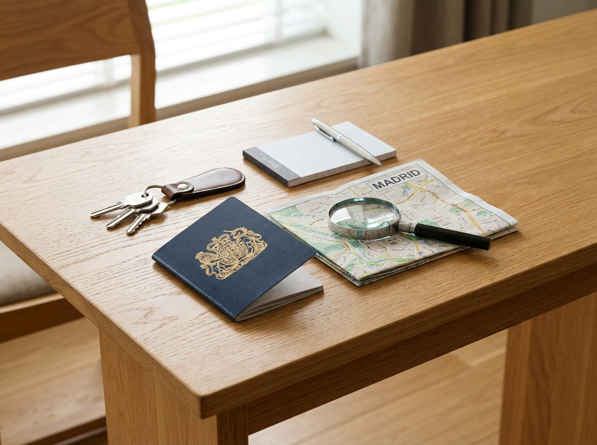 Un conjunto de llaves, pasaporte y mapa de Madrid sobre una mesa.