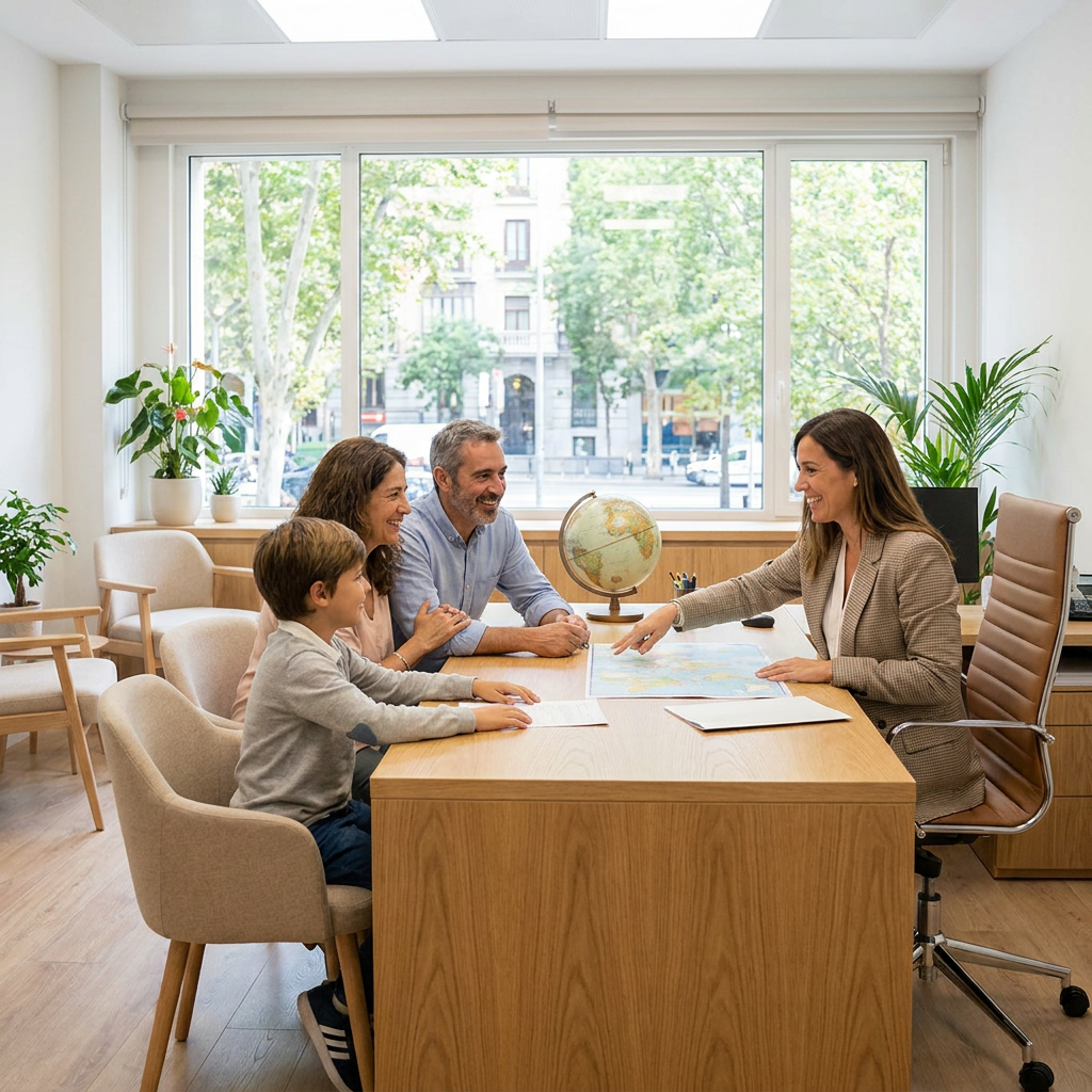 Consultora de reubicación asesorando a una familia internacional en una oficina elegante.
