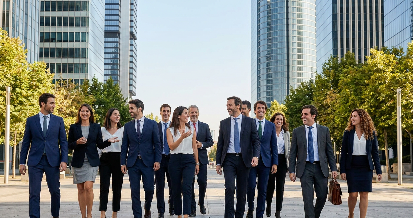 A professional, diverse group of smiling people in business attire walking confidently through a sunny, tree-lined street in Madrid's financial district (e.g., Azca area), with modern office buildings in the background. They are casually interacting, demonstrating a successful integration facilitated by Silko Consulting.