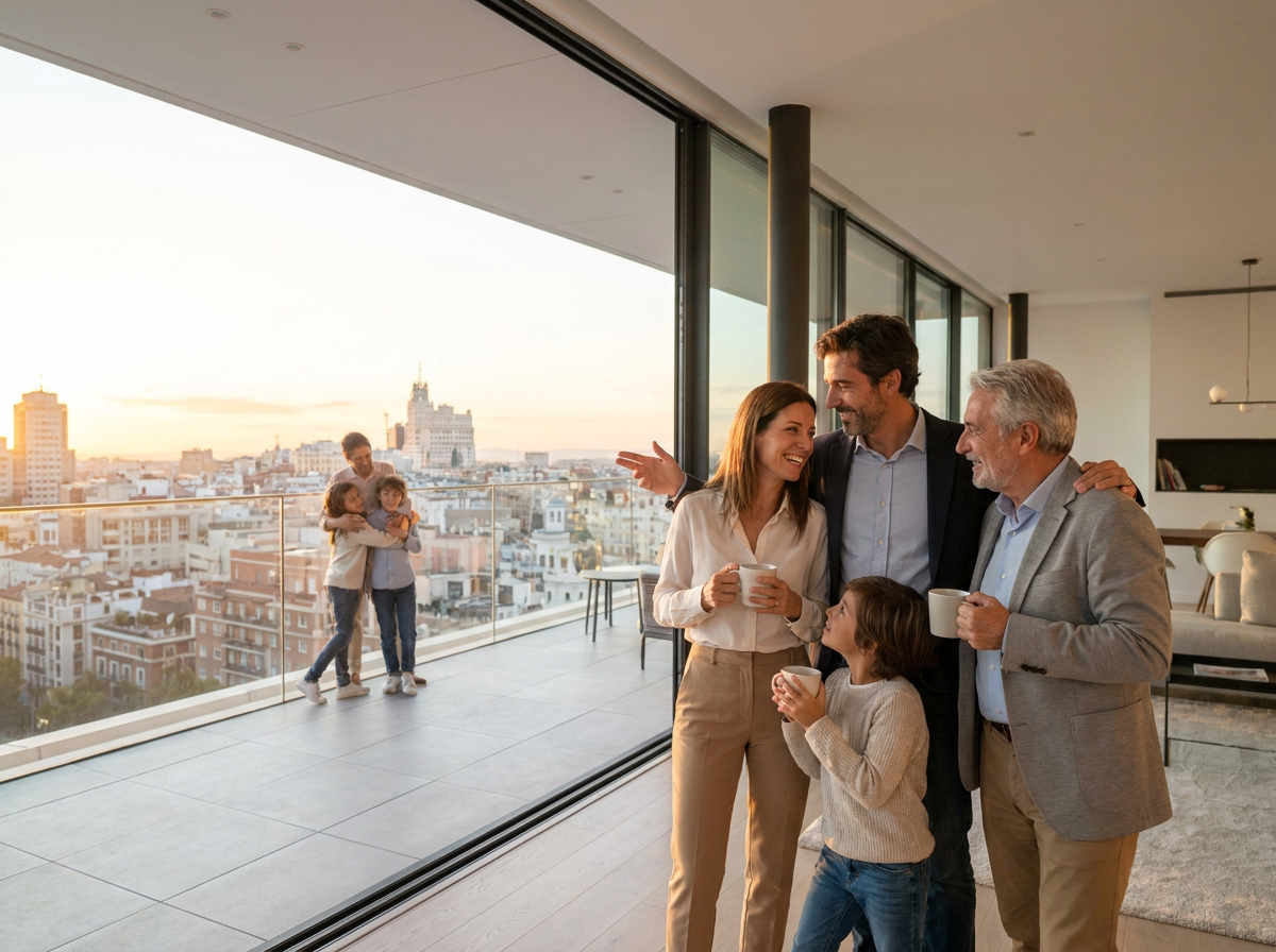 Una familia sonriendo en la sala de estar de su nueva casa en Madrid.