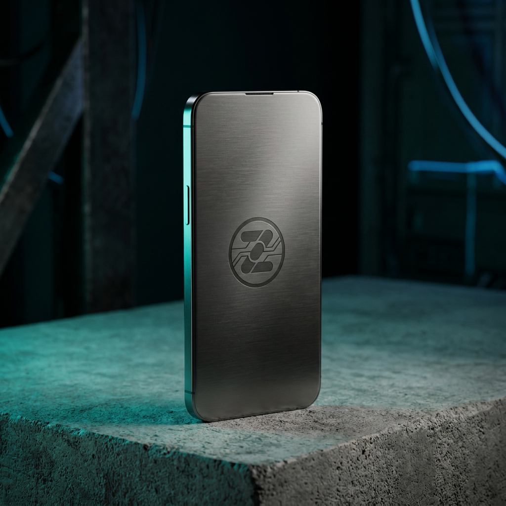 Smartphone con el logo de Zentria grabado en una superficie industrial.
