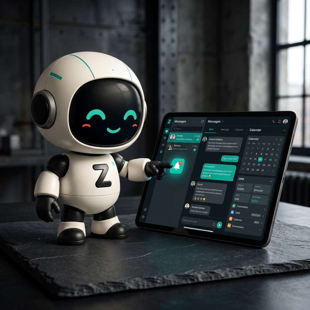 Avatar de IA Zentria junto a una tablet que muestra la bandeja de entrada unificada.