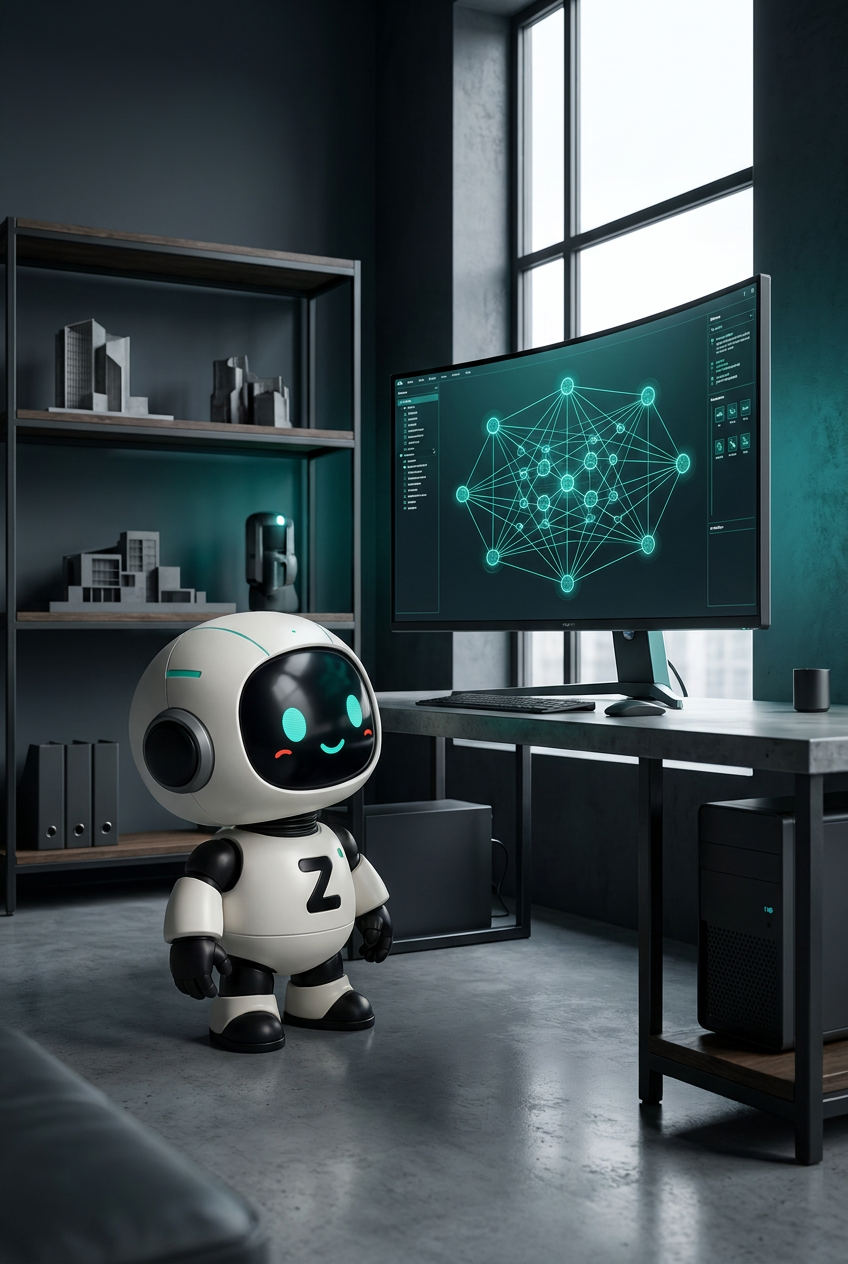 El robot Zentria supervisando la creación de una página web profesional en un entorno tecnológico oscuro.