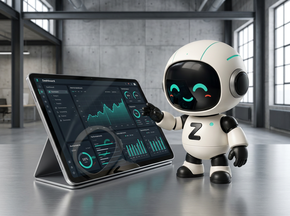 Tablet profesional mostrando un panel de control con datos avanzados y el avatar del robot de Zentria.