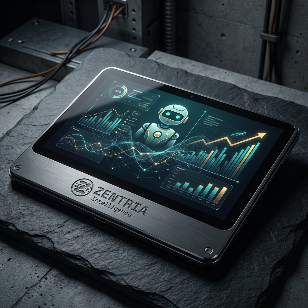 Analítica de redes sociales en una tablet con el logo de Zentria.
