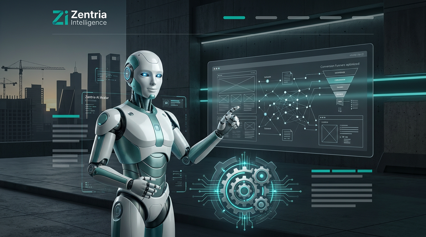 Imagen principal de Zentria con logo y avatar sobre un fondo tecnológico e industrial.