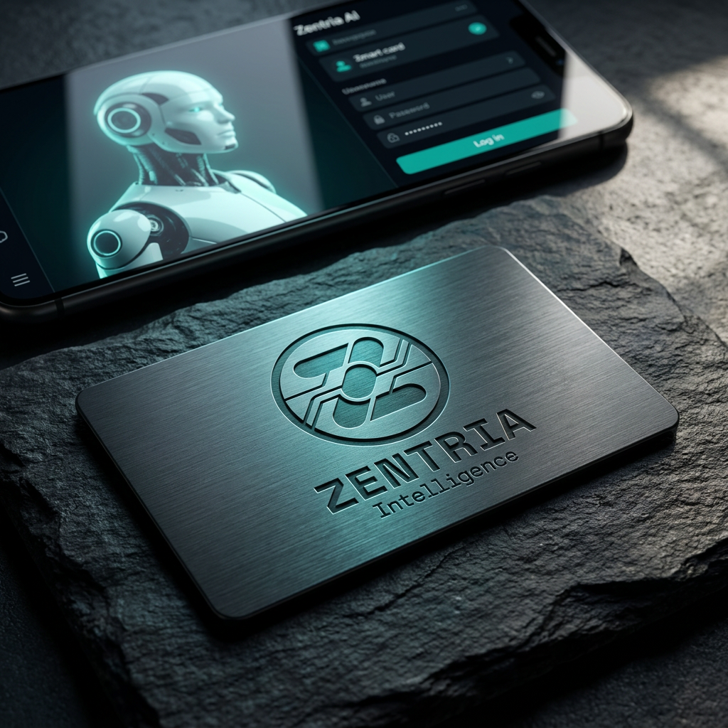 Tarjeta inteligente metálica con el logo de Zentria grabado sobre fondo oscuro.