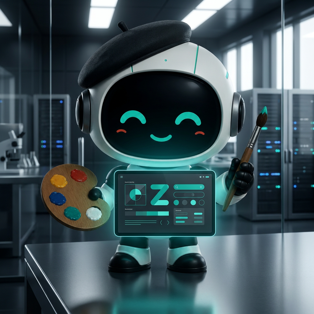 Avatar de IA Zentria analizando una identidad visual corporativa en una tableta digital.