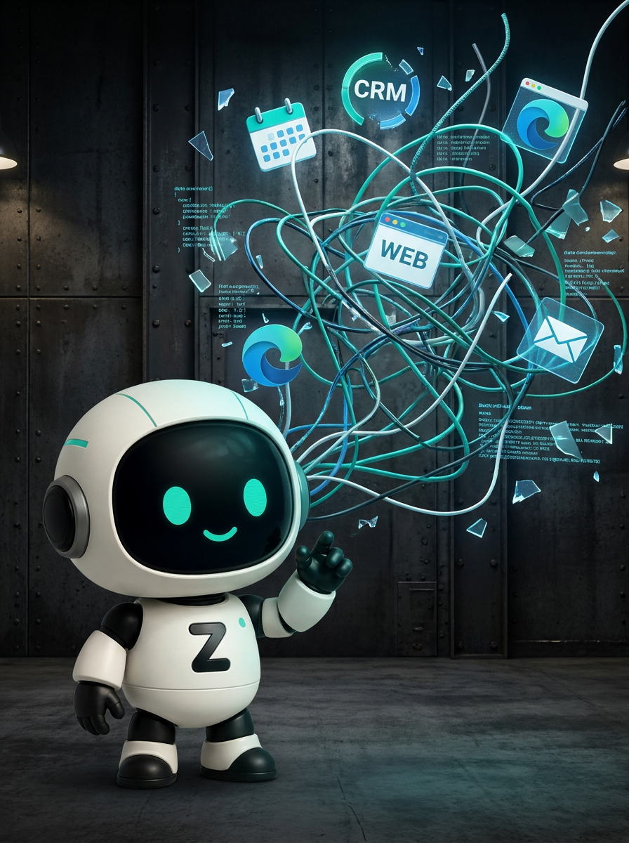 Avatar de IA de Zentria analizando un entorno digital desordenado y fragmentado.