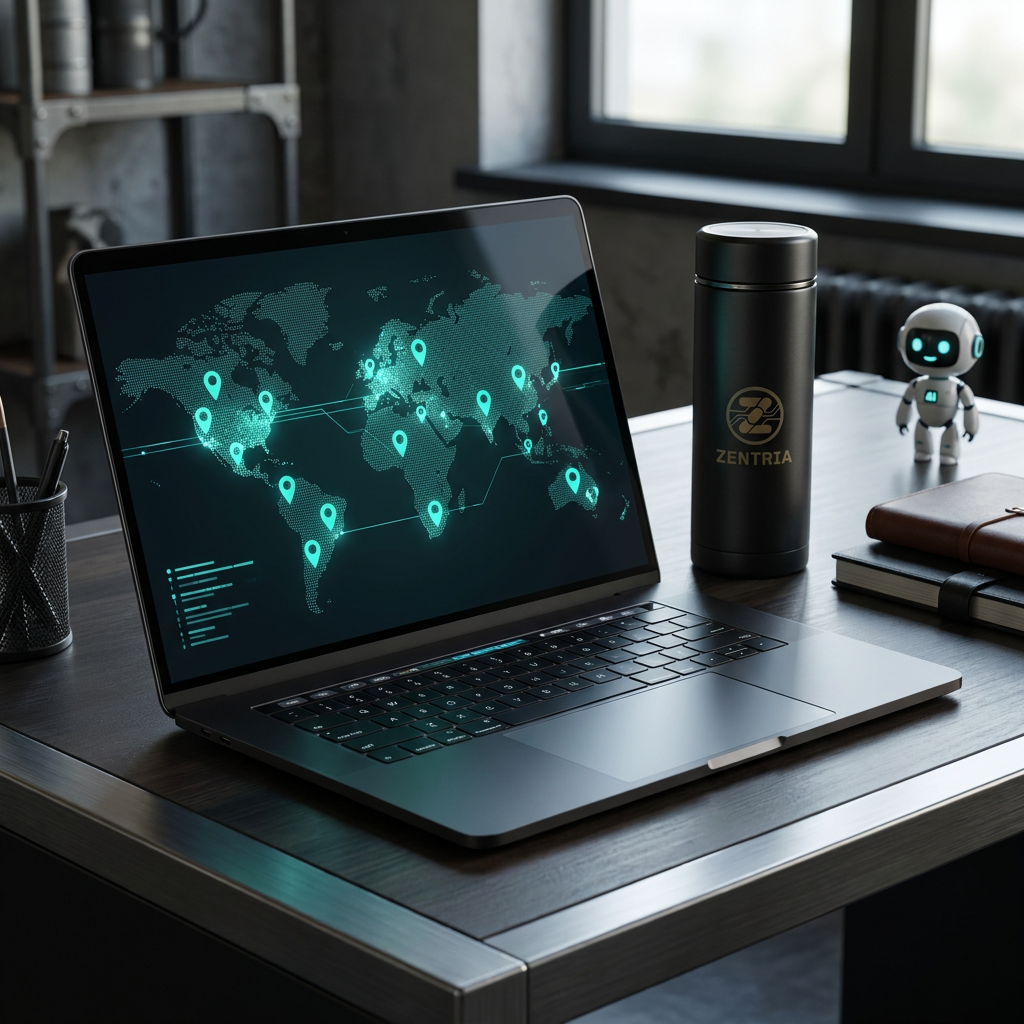 Gestión de presencia online y directorios globales en una pantalla de laptop.