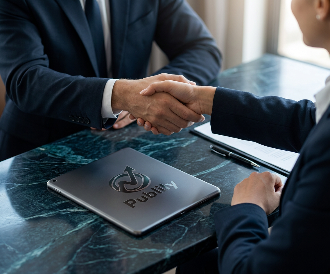 Primer plano de un apretón de manos formal sobre una mesa de oficina, simbolizando un acuerdo estratégico.