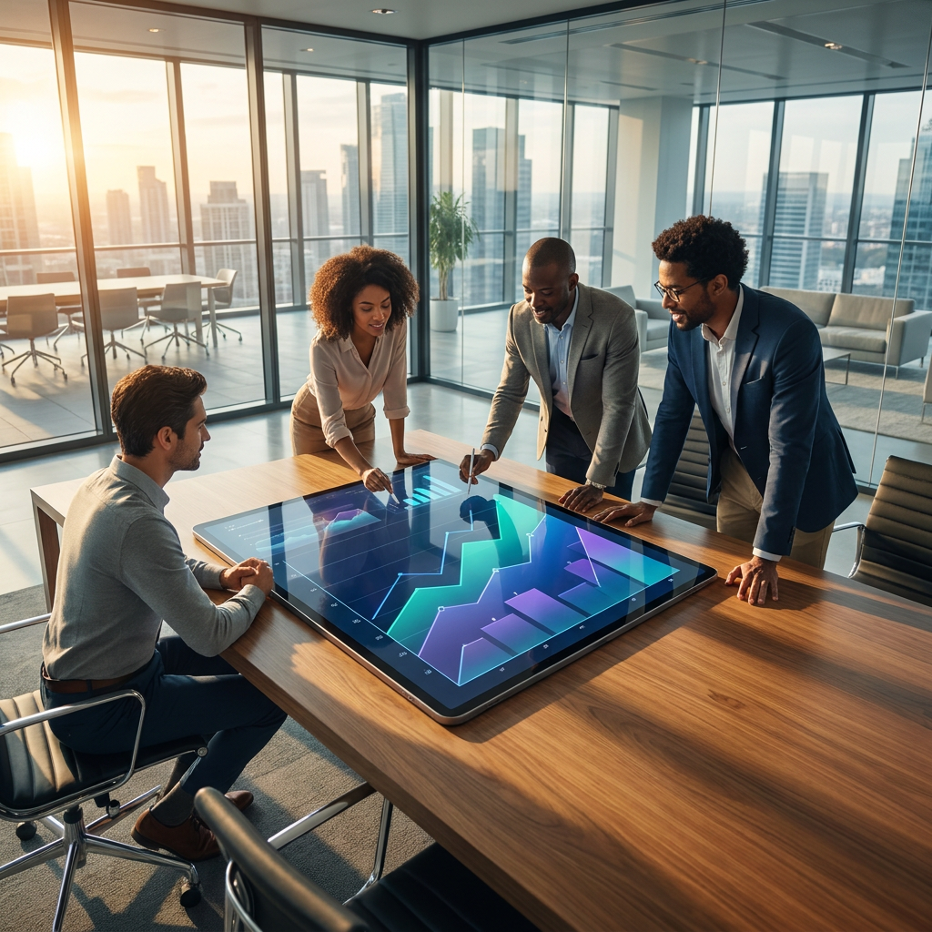 Equipo de estrategia analizando datos de crecimiento en un entorno empresarial moderno.