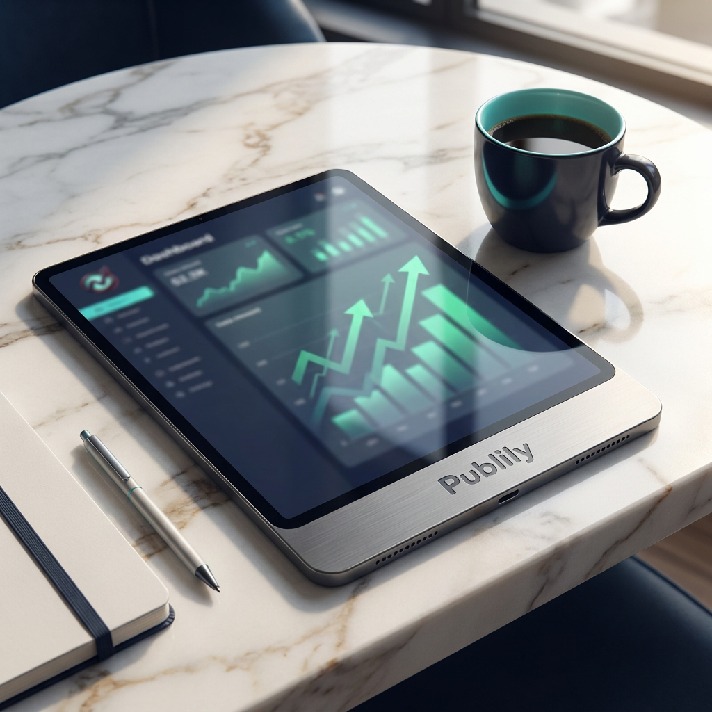 Tablet con gráficos de crecimiento sobre un escritorio moderno representando una sesión estratégica.