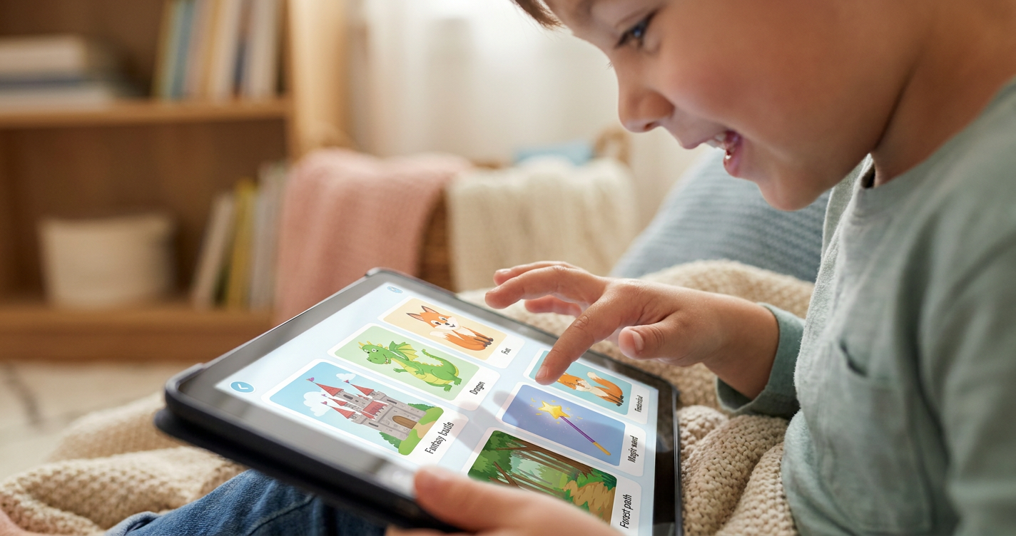 A close-up of a child's hands on a tablet, with an interface clearly showing options to choose characters, settings, and plot points for a story. Whimsical icons representing fantasy elements like castles, dragons, and friendly animals are visible. The child's face is partially visible, showing concentration and excitement, set against a soft bokeh background of a cozy reading nook.