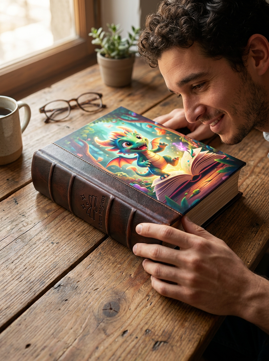 Primer plano de un libro personalizado de tapa dura con acabados premium y detalles mágicos.