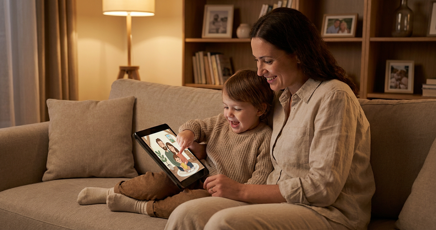 A heartwarming scene with a parent and child snuggled on a sofa, sharing a tablet. The child is excitedly pointing at the screen, and the parent is smiling warmly. The tablet displays a personalized story with characters that resemble the child and their family. The room is cozy, with soft lighting and bookshelves in the background.