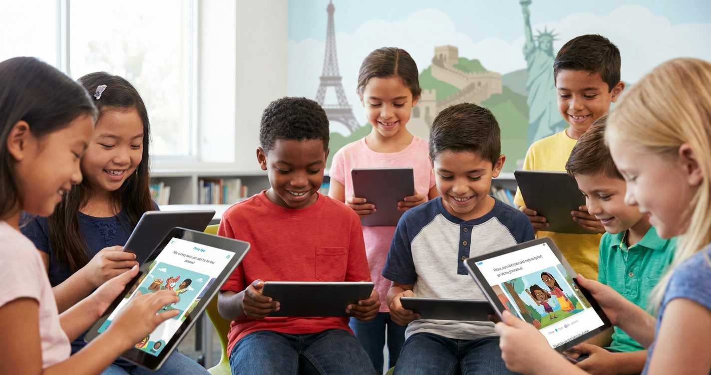 A diverse group of animated children from different cultural backgrounds are depicted reading their personalized stories on various devices (tablets, e-readers). They are all smiling and engaged, suggesting global reach and inclusivity. The background shows hints of various world landmarks, subtly implying a universal storytelling experience.