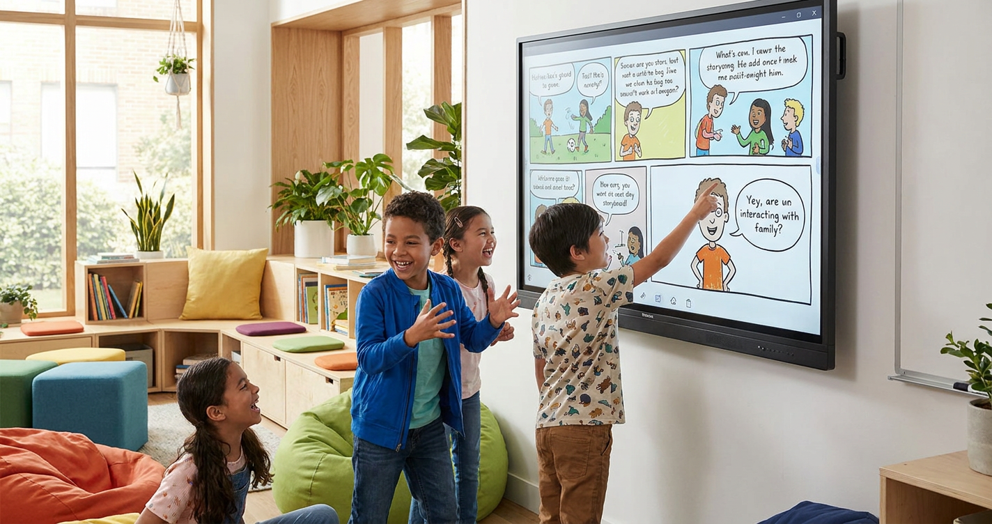 A bright, colorful scene showing a group of diverse children animatedly discussing a story they just created on a large interactive screen. One child points to a specific character they designed, while another smiles proudly. The interface is visible, showcasing text and illustrations from their unique story. The setting is a cozy, modern learning space.