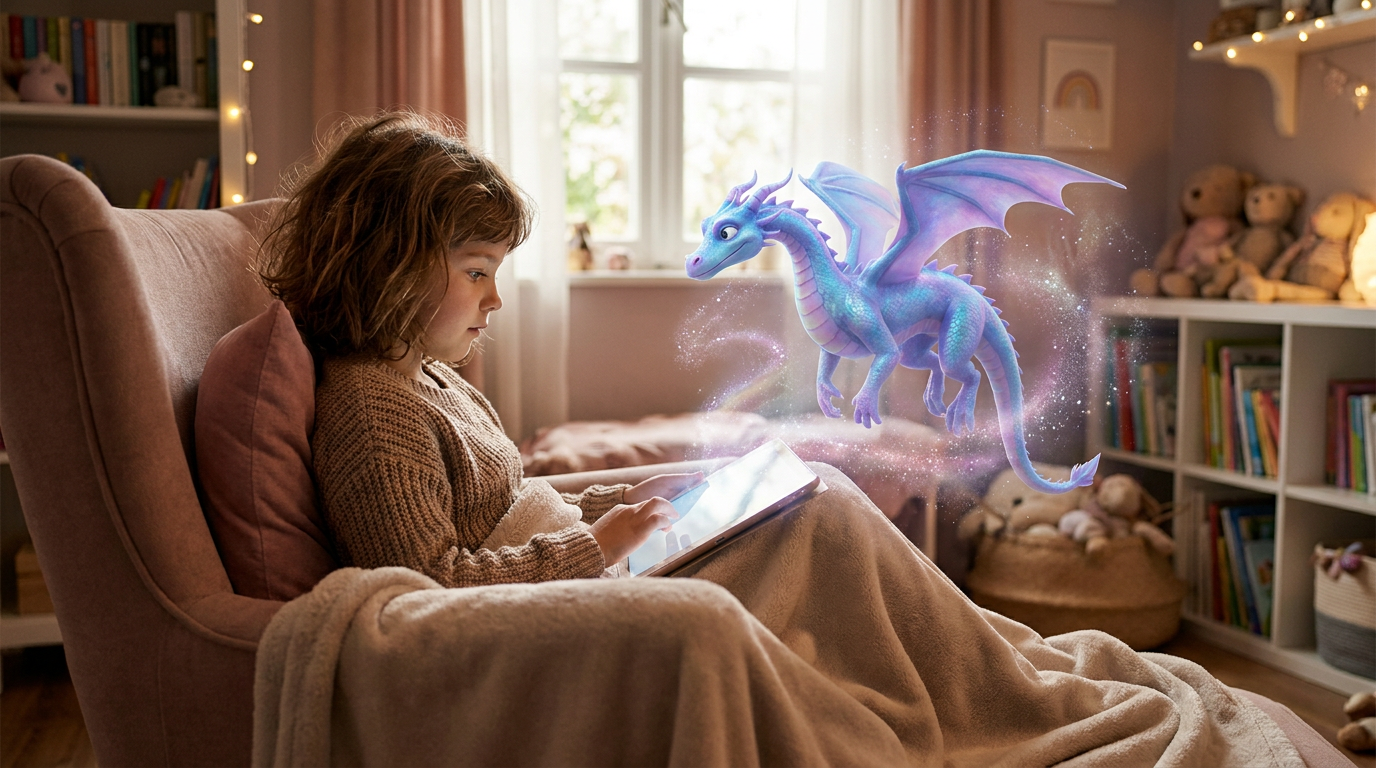 Una niña maravillada viendo cómo un dragón mágico sale de su tableta en su habitación.