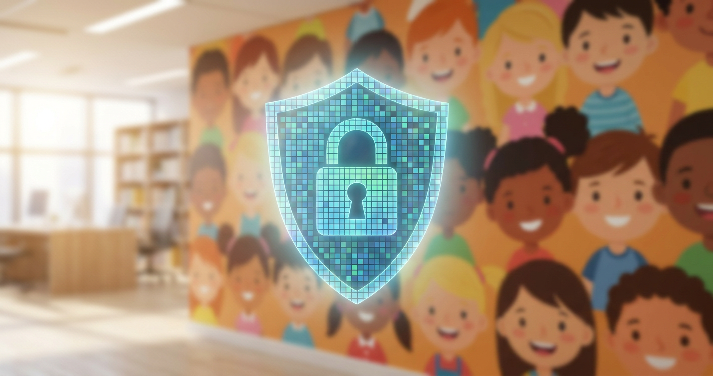 A stylized shield icon made of digital pixels, superimposed on a background of various cartoon children's faces. The shield emits a soft, protective glow, emphasizing safety and trust in digital spaces. The overall aesthetic should be friendly and secure, with a lock icon subtly incorporated into the shield design.