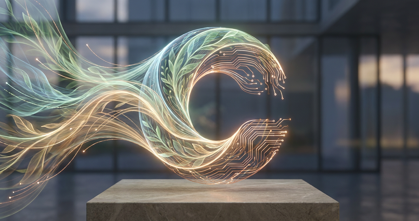 An abstract, futuristic image blending natural elements (like swirls of color, leafy patterns) with digital circuit board lines, symbolizing the harmonious integration of imagination and technology in the Cuentos Magicos platform. Focus on smooth, flowing lines and soft, inviting colors that suggest both innovation and childish wonder.
