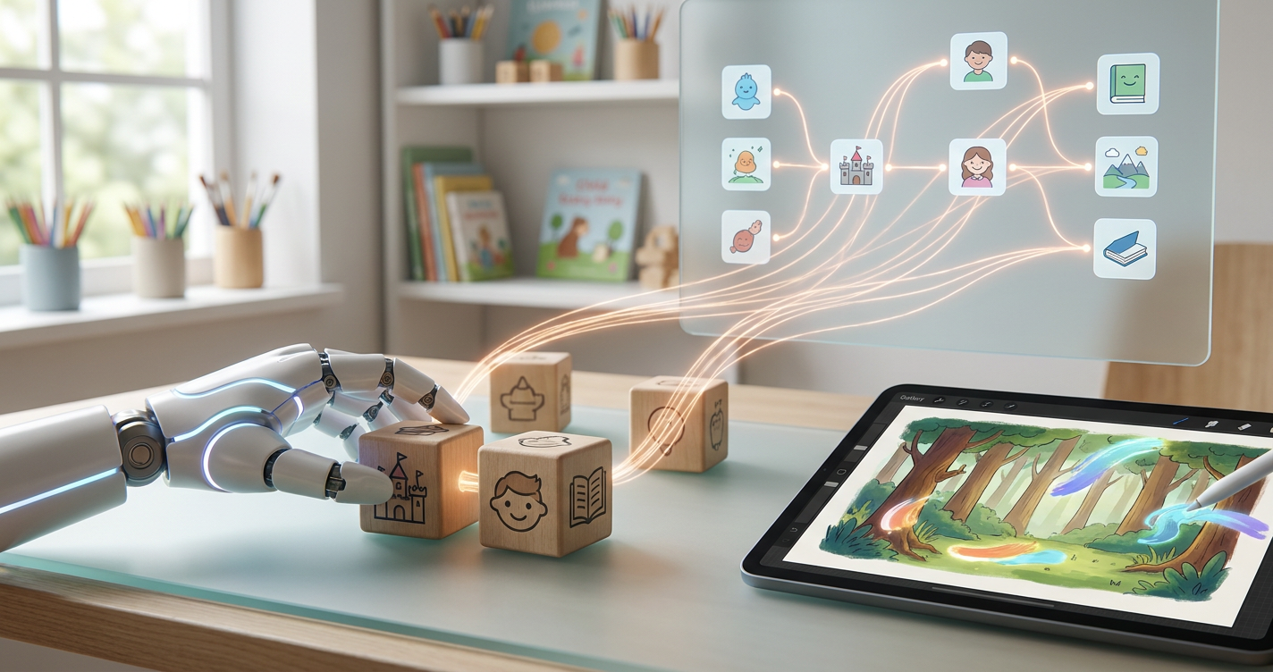 An artistic representation of artificial intelligence interacting with creative elements. Robotic hands gently arranging story blocks or coloring digital illustrations, with soft, glowing lines connecting various narrative components on a screen. The overall feeling should be one of assistance and enhancement, rather than cold automation. Emphasize ethical AI for children's content.