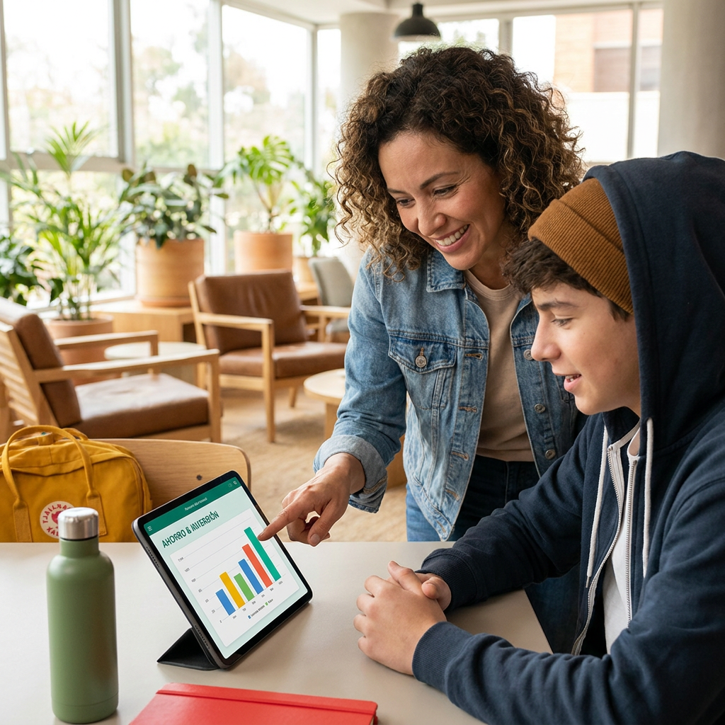 Un mentor de for the future enseñando finanzas a un joven estudiante.