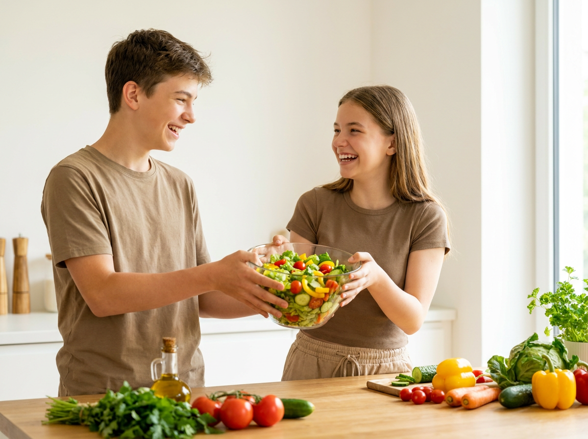 Jóvenes cocinando una ensalada saludable en una clase de nutrición.