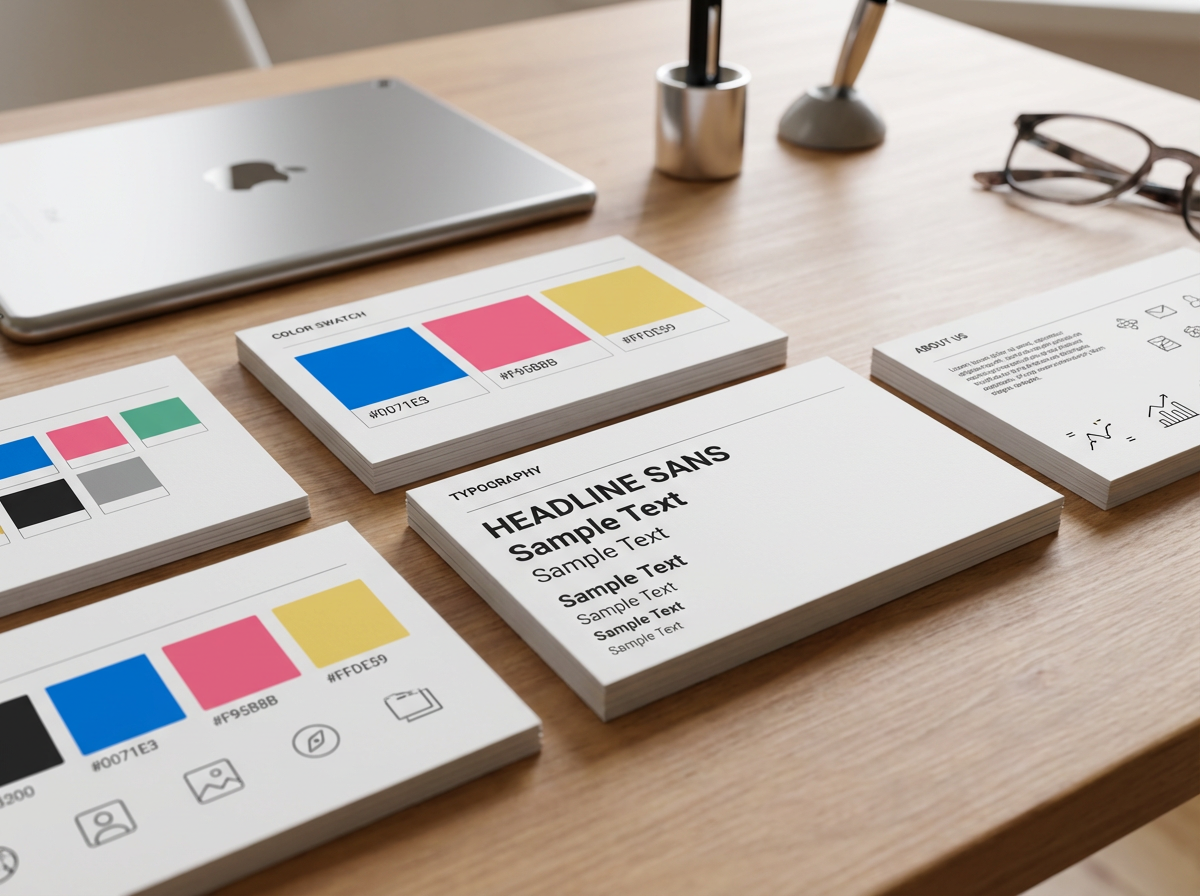 Guía de identidad de marca sobre una mesa de diseño.