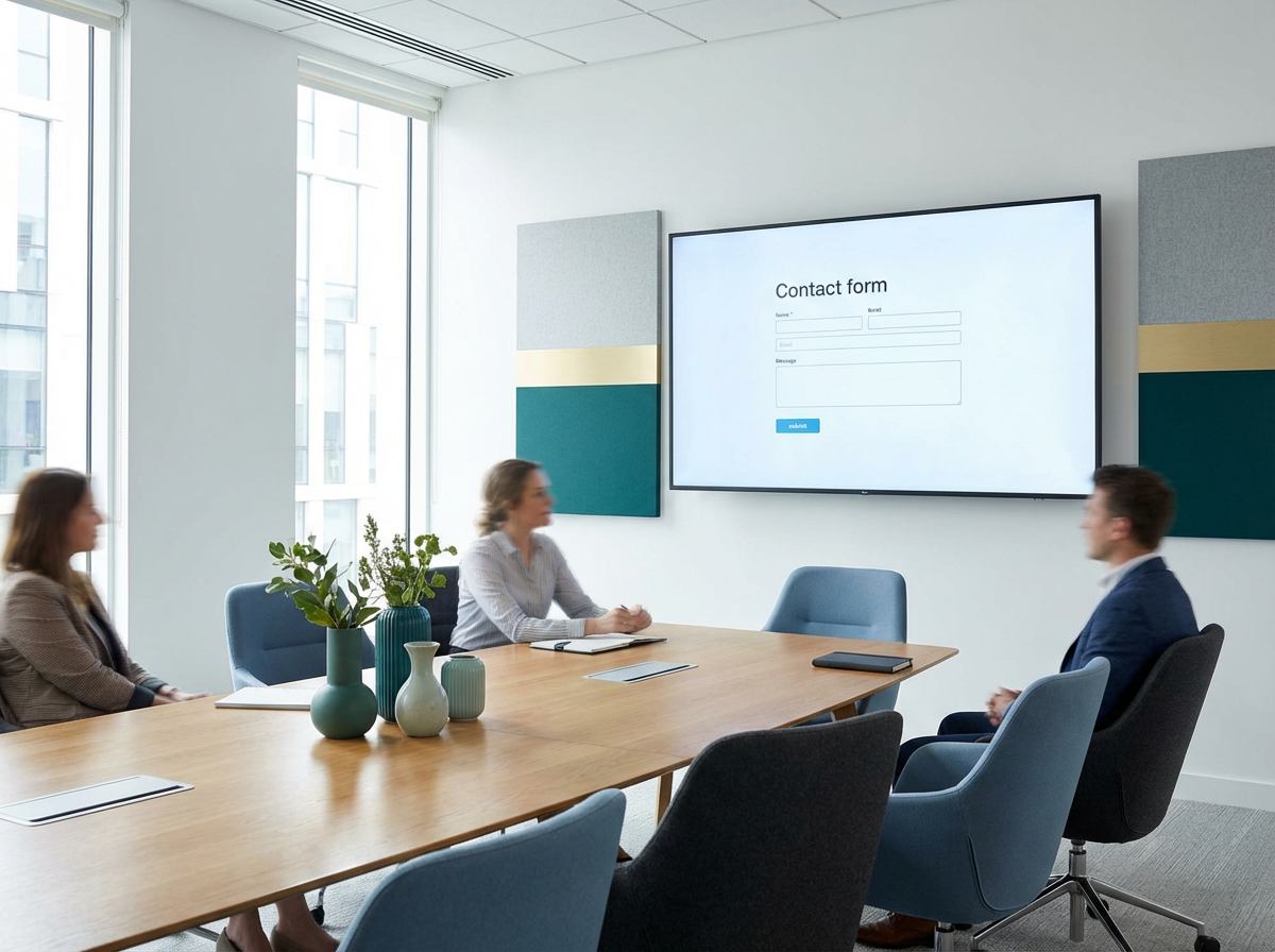 Sala de reuniones moderna con un formulario de contacto en pantalla.