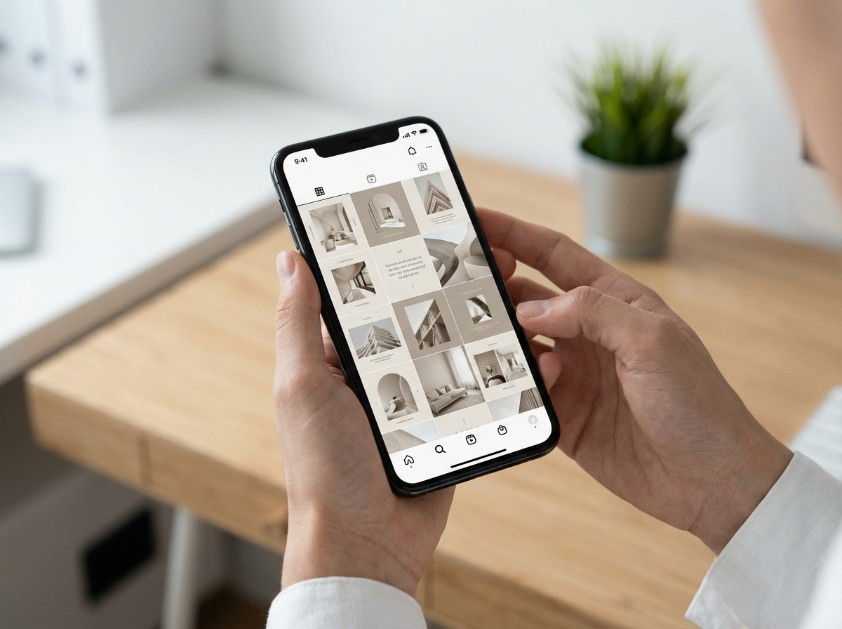 Móvil mostrando un feed de redes sociales con una marca consistente.