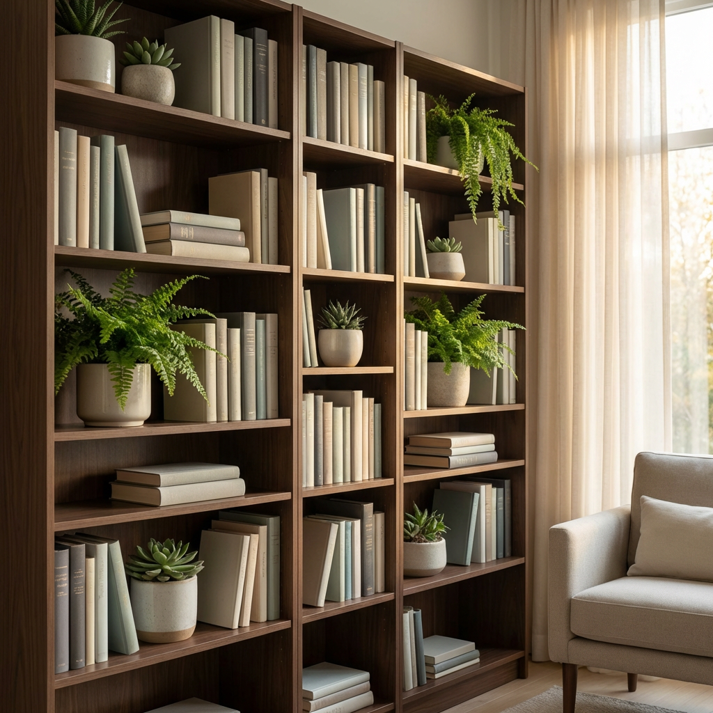 Estantería con libros de psicología y plantas, reflejando un ambiente de conocimiento y calma.