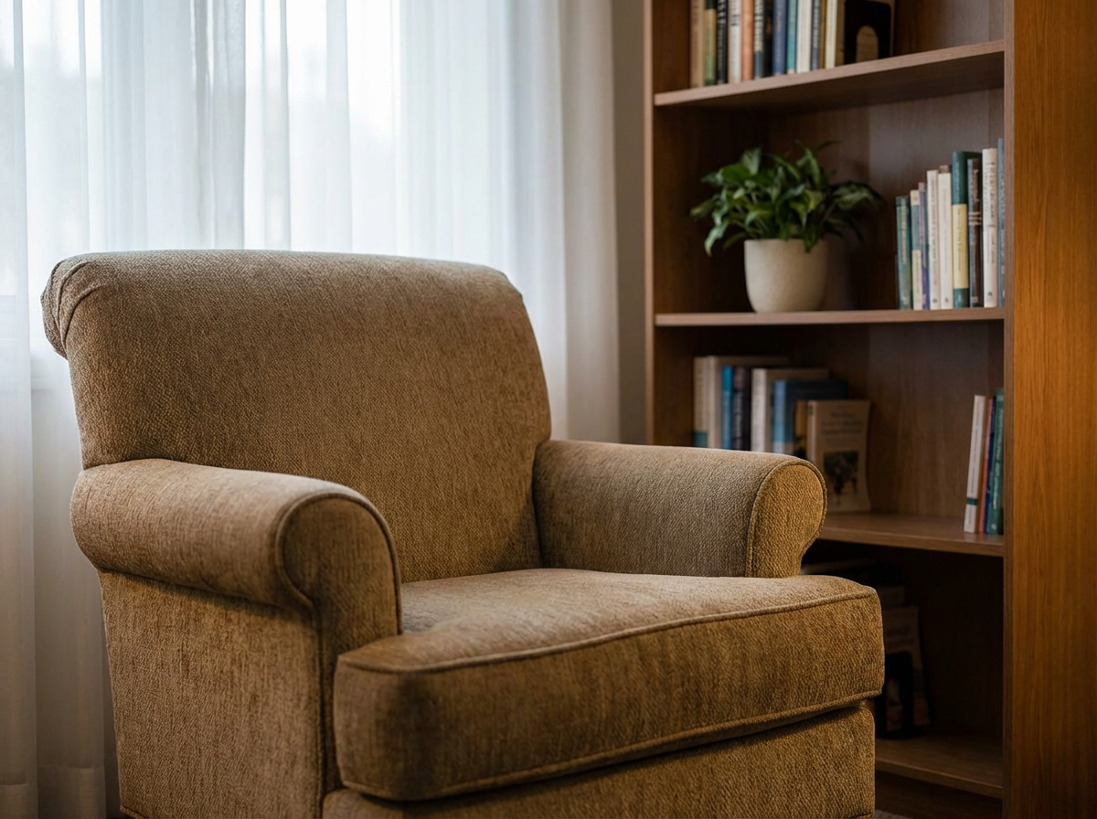 Sillón individual en una consulta de psicología, simbolizando un espacio seguro para la terapia individual.