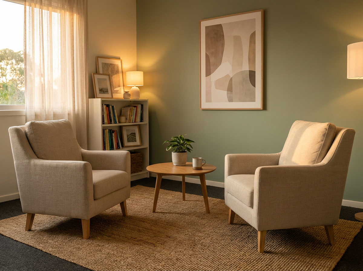 Dos sillones enfrentados en una sala de terapia, representando el diálogo en la terapia de pareja.